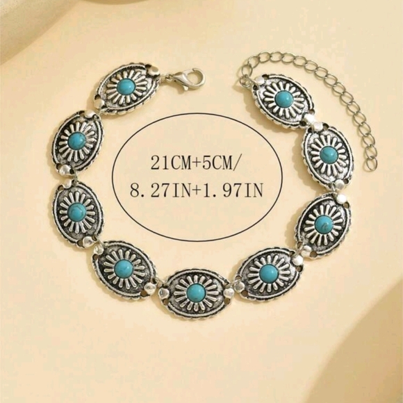 Turquoise and Silver Floral Bracelet - Picture 3 of 6